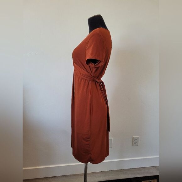 Liz Lange Maternity Dress Burnt Orange Wrap Jersey Midi Comfy Pregnancy Small - Picture 3 of 8